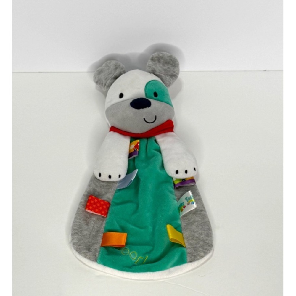 Taggies Security Blanket Lovey Rattle Puppy Dog Plush Baby WOOF! Turquoise Gray
